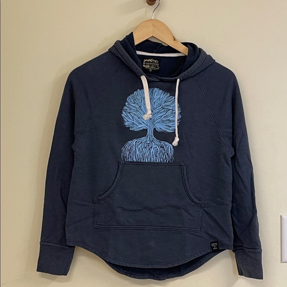United By Blue Slate Gray Hoodie with Blue Tree Graphic, Size Medium